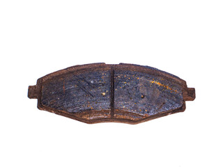Old rusty worn out car brake shoe on a white background. Brake shoe. Braking distances. Emergency...