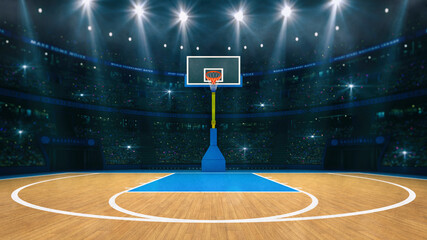 Basketball sport arena. Interior view to wooden floor of basketball court. Basketball hoop front view. Digital 3D illustration of sport background. - obrazy, fototapety, plakaty