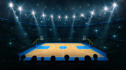 Side view from the grandstand of the basketball arena. Interior view to wooden floor of basketball court.  Digital 3D illustration of sport background.