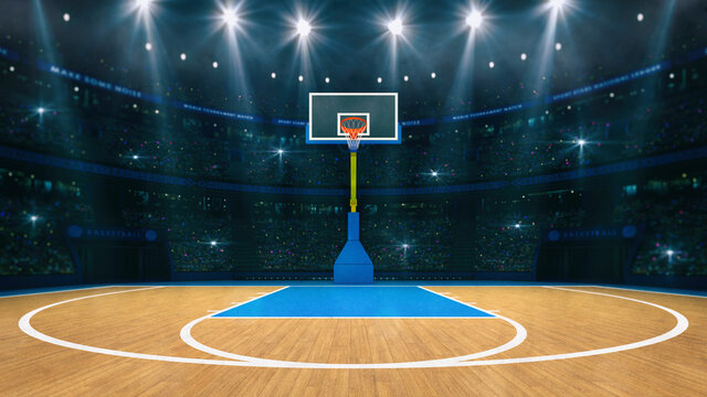 Basketball sport arena. Interior view to wooden floor of basketball court. Basketball hoop front view. Digital 3D illustration of sport background.