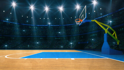 Basketball sport arena. Interior view to wooden floor of basketball court. Basketball hoop side view. Digital 3D illustration of sport background. © LeArchitecto