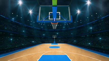 Basketball sport arena. Interior view to wooden floor of basketball court. Basketball hoop from backside. Digital 3D illustration of sport background. © LeArchitecto