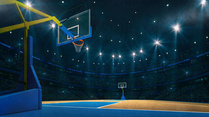 Basketball sport arena. Interior view to wooden floor of basketball court. Basketball hoop from behind. Digital 3D illustration of sport background. © LeArchitecto