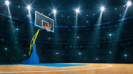 Basketball sport arena. Interior view to wooden floor of basketball court. Basketball hoop on left side. Digital 3D illustration of sport background. © LeArchitecto