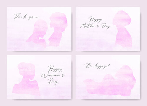 Watercolor women greeting cards set. Hand drawn female painted illustration. Holiday graphics template.
