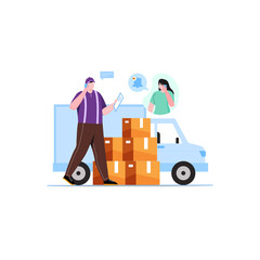 Delivery man holding a parcel and calling contact to customer concept illustration design. Courier boy illustration design 