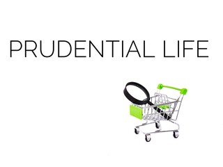 'Prudential Life' wording with a green trolley and magnifying glass isolated on white background.