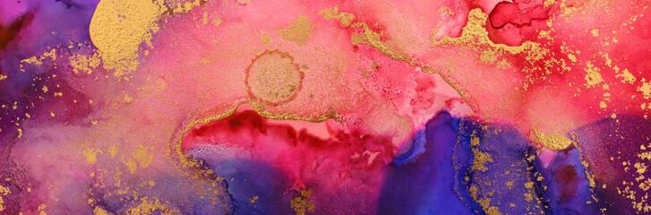 art photography of abstract fluid art painting with alcohol ink, pink, red, purple and gold colors
