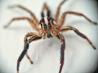Close up of Pantropical Jumper also known as Hong Kong Spiders isolated on white background and vignette. Object with some outfocused or motion blur due to capture by macro lens.