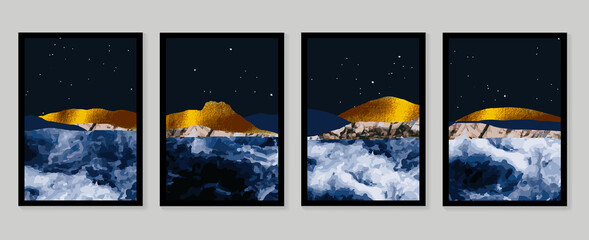 Luxuriöse Goldtapete. Schwarzer und goldener Hintergrund. Bergwandkunstdesign mit dunkelblauer und grüner Farbe, glänzender goldener heller Textur. Wandtapete der modernen Kunst. Vektor-Illustration. © TWINS DESIGN STUDIO
