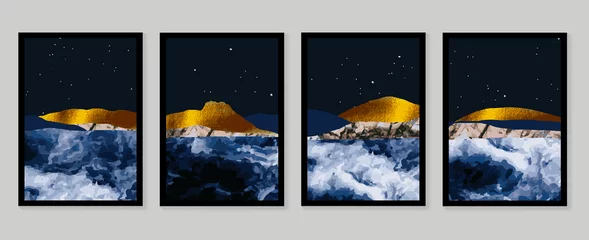 Luxuriöse Goldtapete. Schwarzer und goldener Hintergrund. Bergwandkunstdesign mit dunkelblauer und grüner Farbe, glänzender goldener heller Textur. Wandtapete der modernen Kunst. Vektor-Illustration. © TWINS DESIGN STUDIO