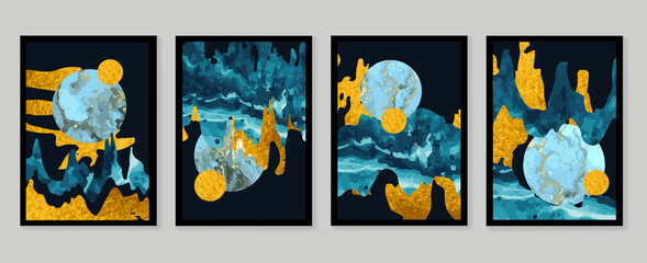 Luxury gold wallpaper.  Black and golden background. Mountain wall art design with dark blue and green color, shiny golden light texture. Modern art mural wallpaper. Vector illustration. © TWINS DESIGN STUDIO