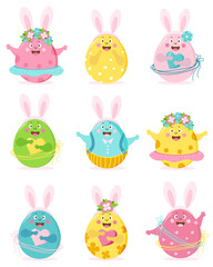 Happy easter. Set of colored cute Easter eggs with face, eyes, hands and bunny ears. The characters are a boy and a girl, in a skirt and pants, with flowers and hearts. Vector illustration