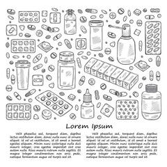  Illustration with cute hand drawn pills icons. Vector medical collection	