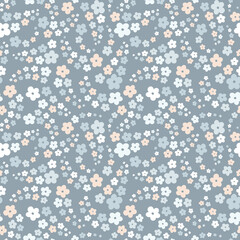 Floral pattern design. Cute vector seamless repeat of grey and pink flowers with texture. 