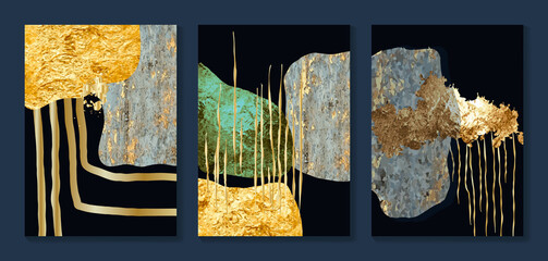 Luxury gold wallpaper.  Black and golden background. Grunge wall art design with golden line art and abstract shape. Modern art mural wallpaper. Vector illustration. © TWINS DESIGN STUDIO