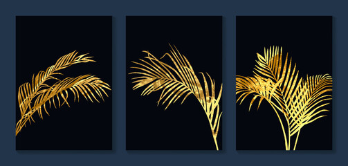 Luxury gold wallpaper.  Black and golden background. Tropical leaves wall art design with dark blue and green color, shiny golden light texture. Modern art mural wallpaper. Vector illustration.