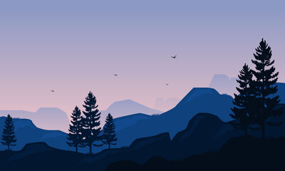 Sunny morning with nice views of the mountains and trees. Vector illustration