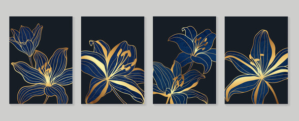 Luxury gold wallpaper.  Black and golden background. flower wall art design with dark blue and green color, shiny golden light texture. Modern art mural wallpaper. Vector illustration. © TWINS DESIGN STUDIO