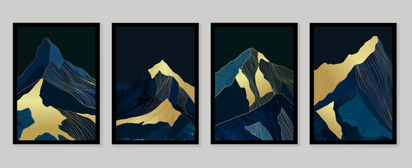 Luxury gold wallpaper.  Black and golden background. Mountain wall art design with dark blue and green color, shiny golden light texture. Modern art mural wallpaper. Vector illustration. © TWINS DESIGN STUDIO