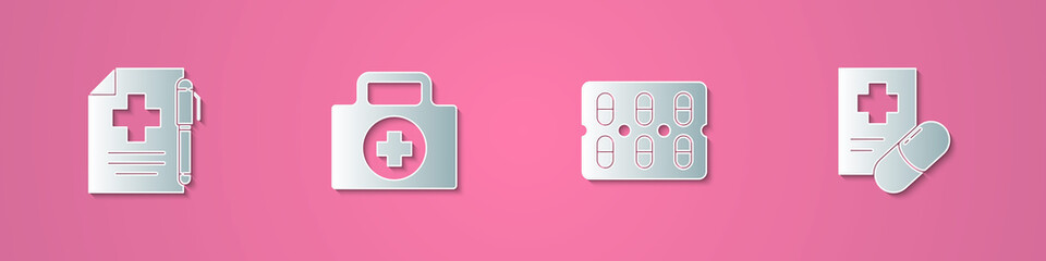 Set paper cut Medical prescription and pen, First aid kit, Pills in blister pack and icon. Paper art style. Vector.