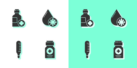 Set Medicine bottle, Bottle of medicine syrup, Medical thermometer and Blood test and virus icon. Vector.