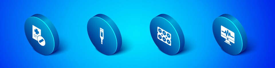 Set Isometric Medical prescription, Pills in blister pack, Monitor with cardiogram and digital thermometer icon. Vector.