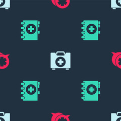 Set Dialogue with the doctor, First aid kit and Medical clipboard on seamless pattern. Vector.