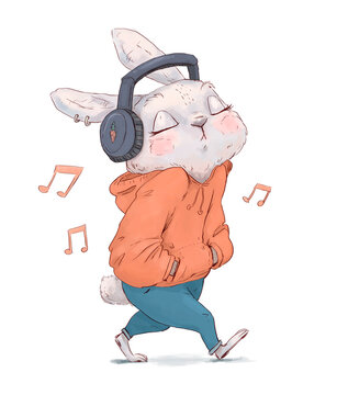 Cutte cartoon bunny walking and listening music