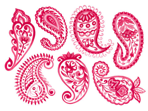 Set of paisley eastern outline flower and feather mandala folk henna tattoo pink  elements on white background