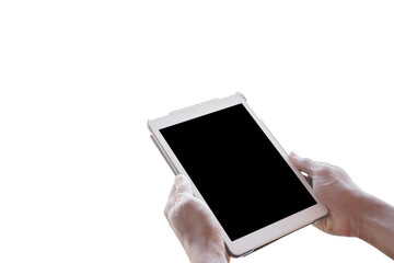 Close Up hands young man holding digital tablet blank black screen mockup