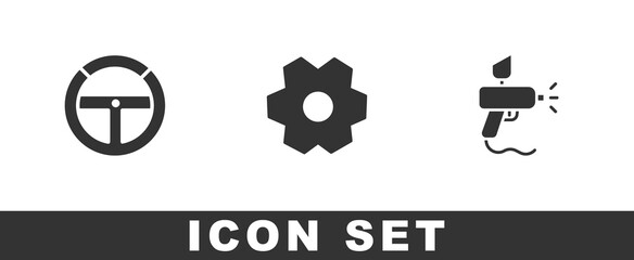 Set Steering wheel, Gear and Paint spray gun icon. Vector.