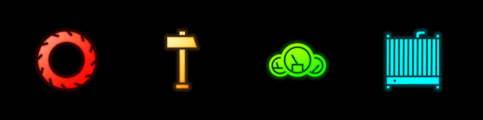 Set Car tire wheel, Hammer, Speedometer and radiator cooling system icon. Vector.
