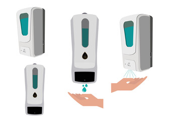 Automatic alcohol dispenser for cleaning hand on white background. Vector illustration. 