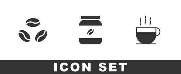 Set Coffee beans, jar bottle and cup icon. Vector.