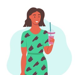 A young woman in a blue dress drinks a smoothie, fresh juice, a cocktail. The concept of proper nutrition, healthy lifestyle. Flat cartoon illustration.