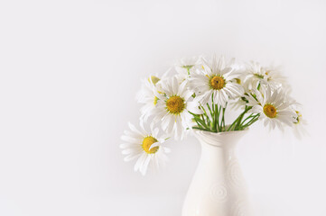 Bouquet of field chamomile flowers in vase on white background. Copy space. Selective focus.