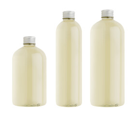Assortment of three plastic tall, low and thick bottles with pale fresh drink or cosmetic essential oil, silver cap mockup, isolated, template.