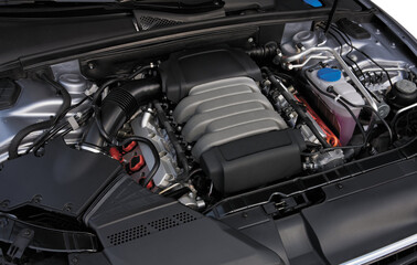 Detailed Car Engine at steel-gray color