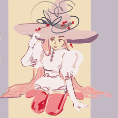 A young lady in a white dress with long pale pink hair, wearing a hat decorated with decorative elements, sits on her knees and looks forward, holding the hem of her hat with one hand