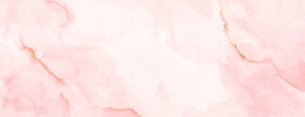 Abstract horizontal background designed with soft tone watercolor stains. Soft pink and gold.