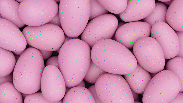 Multicolored Easter Egg background. Beautiful Easter Wallpaper with, speckled Pink Eggs. 3D Render 