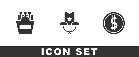 Set Potatoes french fries in box, Western cowboy hat and Coin money with dollar icon. Vector.