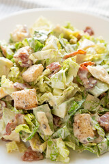 Homemade Bacon Avocado Caesar Salad with Cheese and Croutons, low angle view. Closeup.