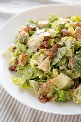 Homemade Bacon Avocado Caesar Salad with Cheese and Croutons, low angle view. Close-up.