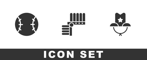 Set Baseball ball, Indian headdress with feathers and Western cowboy hat icon. Vector.