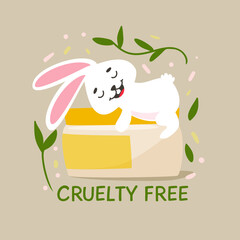 Cruelty free vegan food label with rabbit vector illustration. Not tested on animal badge. Eco cruelty free concept logo design with rabbit symbol for sticker, stamp, label, badge.Rabbit hugs cream