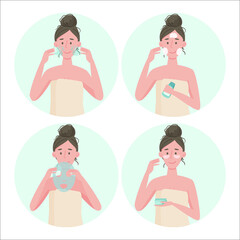 Skin care routine. Stages of skin care. After a shower, the girl washes, cleanses and moisturizes the skin of the face. Self-care concept. Vector illustration