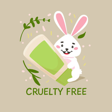 Rabbit hugs cream. Cruelty free vegan food label with rabbit vector illustration. Not tested on animal badge. Eco cruelty free concept logo design with rabbit symbol for sticker, stamp, label, badge.