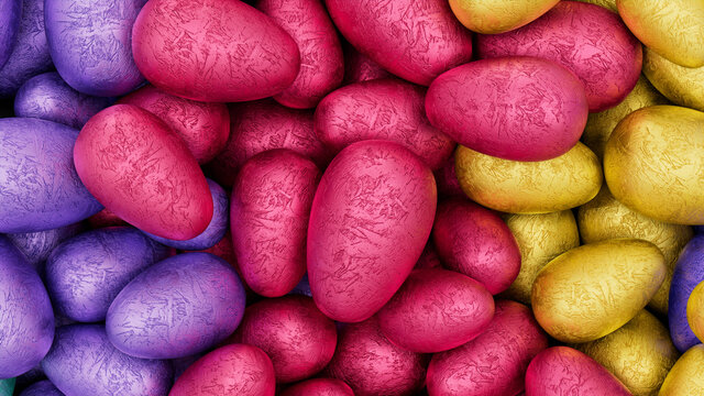 Multicolored, foil wrapped Easter Egg background. Beautiful Easter Wallpaper with, vibrant Purple, Red and Yellow Eggs. 3D Render 